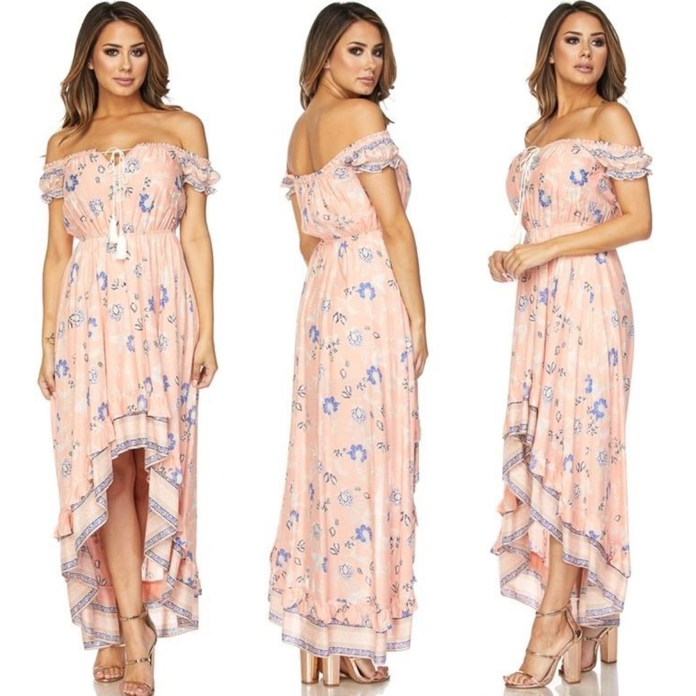 Off Shoulder Hi-Lo Ruffle Maxi Dress - Peach Pink (A)